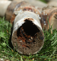 Cross section of old, damage pipe filled with waste