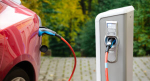 Close up of a charging electric car.